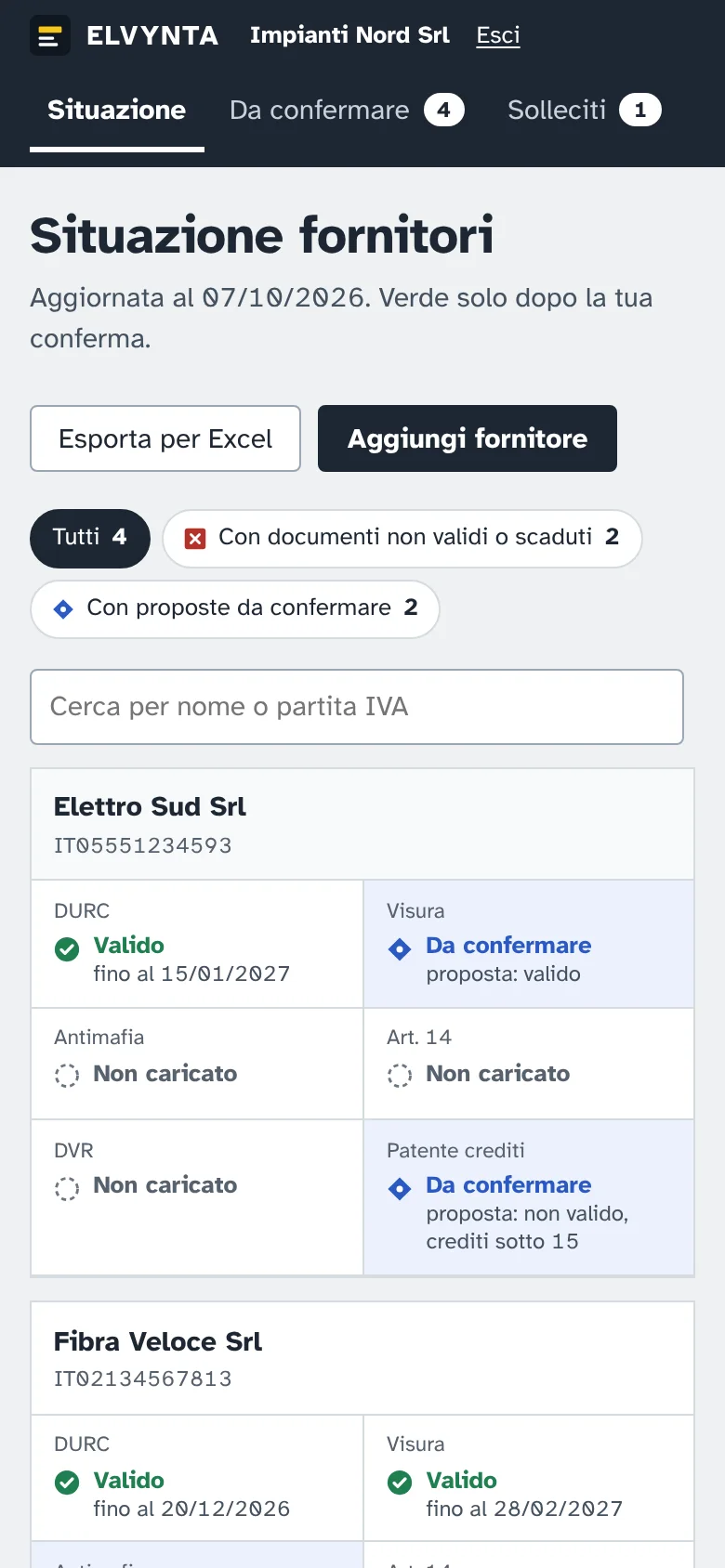 La situazione dei fornitori vista da telefono: un blocco per fornitore con lo stato di ogni documento.